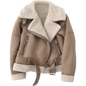 🆕Women Brown Faux Shearling Moto Jacket Thick Lined Winter Leather Coat Parka